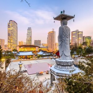 Seoul, South Korea skyline from Bongeunsa Temple.